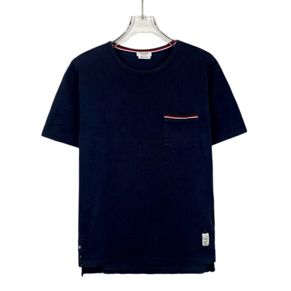 Thom Browne Dark Blue Round-Neck Short-Sleeve Cotton T-Shirt W/ Striped Pocket &